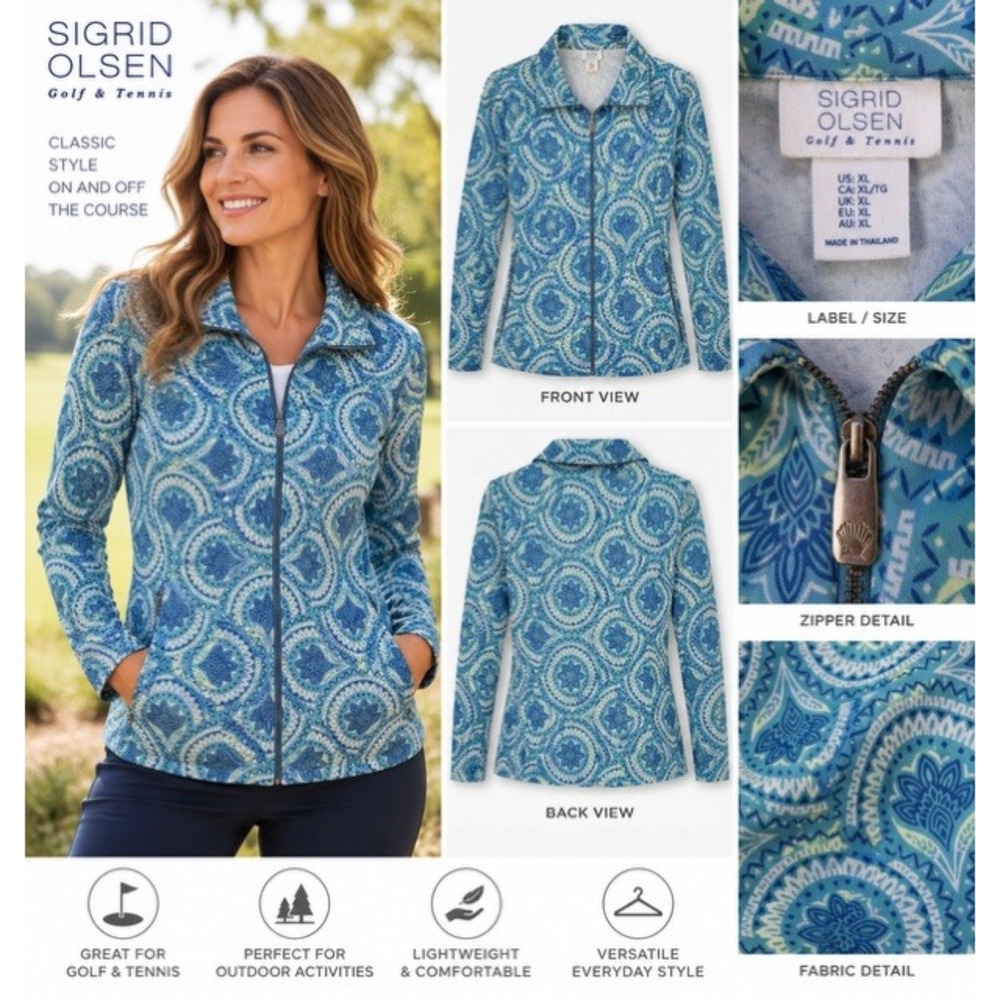 Sigrid Olsen Golf & Tennis Blue Paisley Full Zip Jacket Women XL Pocketed Layer